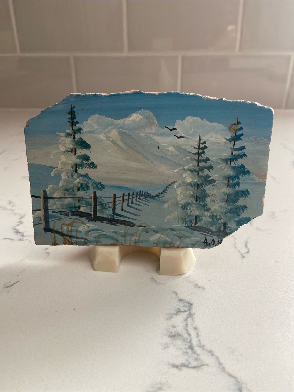 Vintage Hand Painted Stone Winter Landscape Signed Folk Art